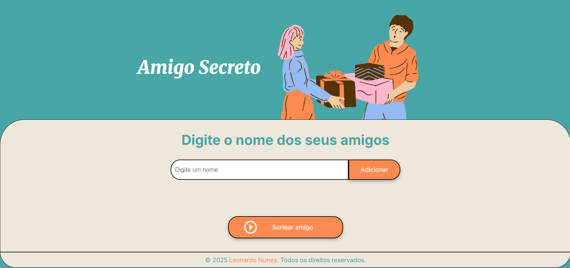 Interface do gerador de amigo secreto com lista de participantes e ação de sorteio