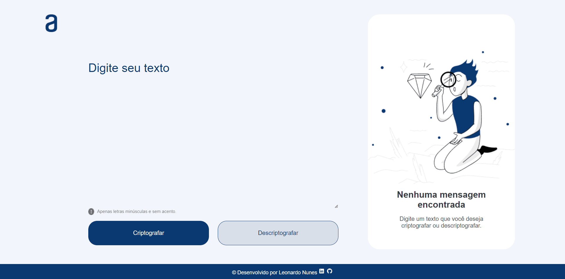 Aplicação Encrypt Text com campos para criptografar e descriptografar mensagens de texto