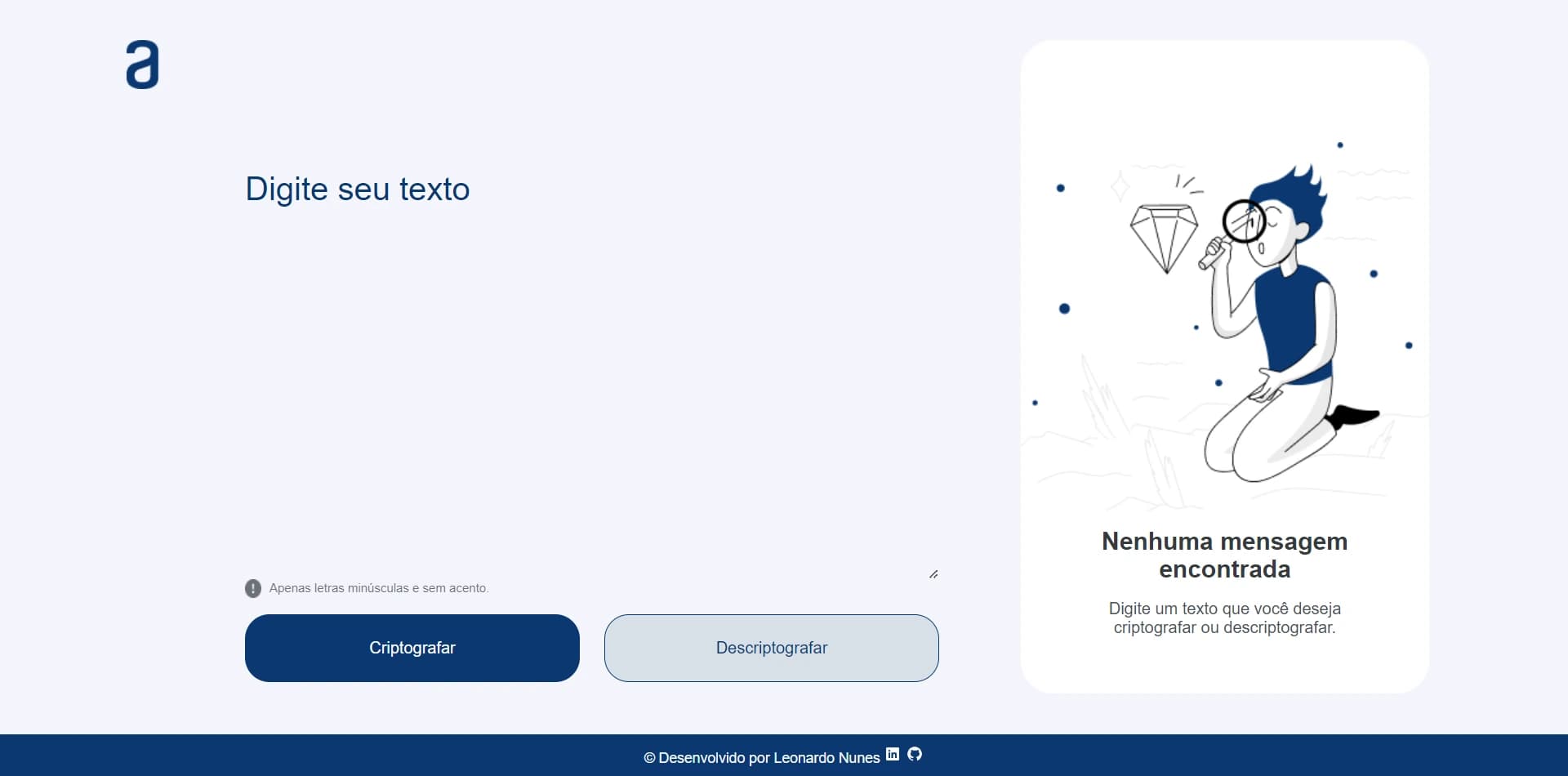 Aplicação Encrypt Text com campos para criptografar e descriptografar mensagens de texto