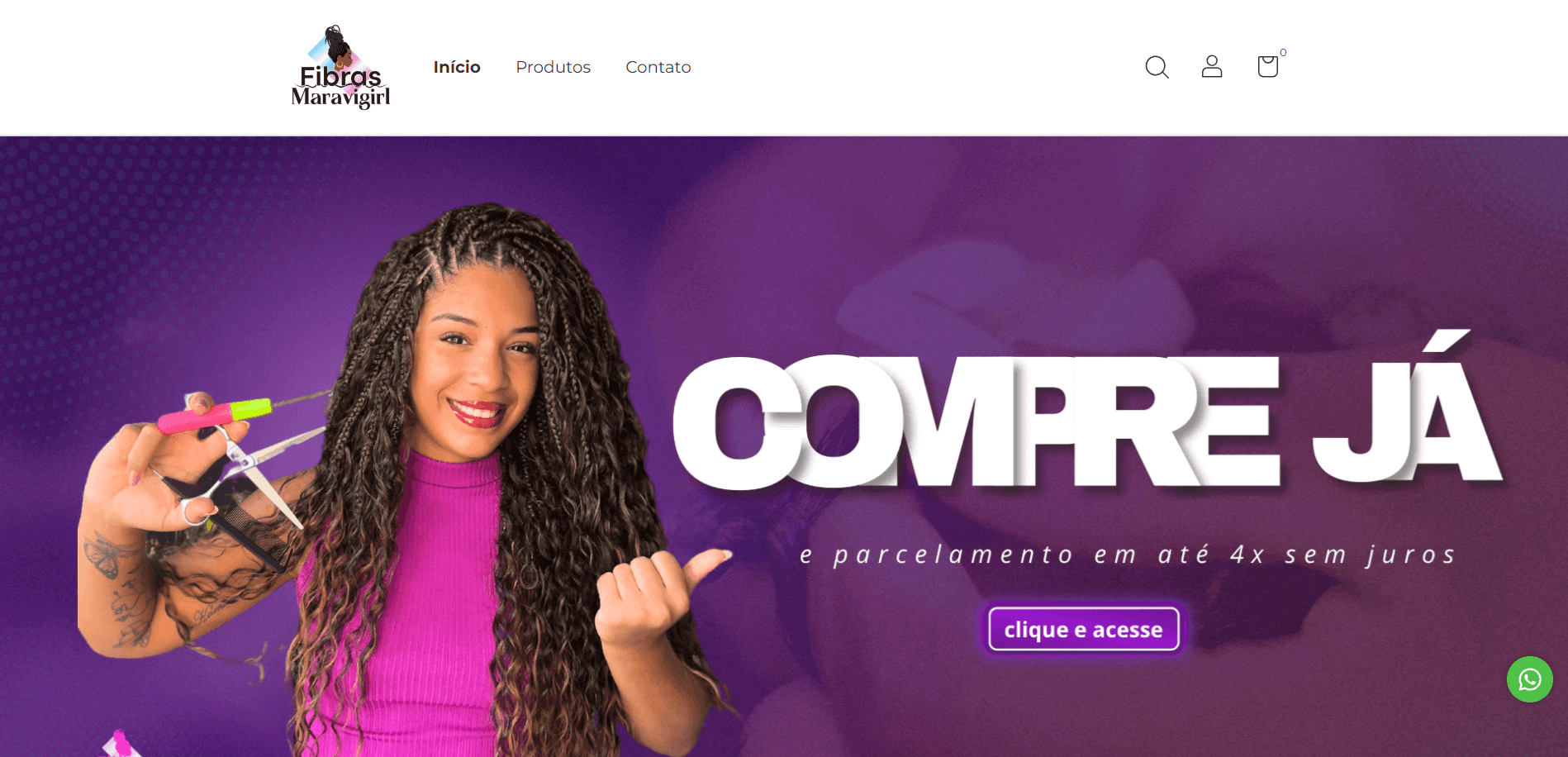 Página da loja virtual Fibras Maravigirl com vitrine de produtos e identidade personalizada