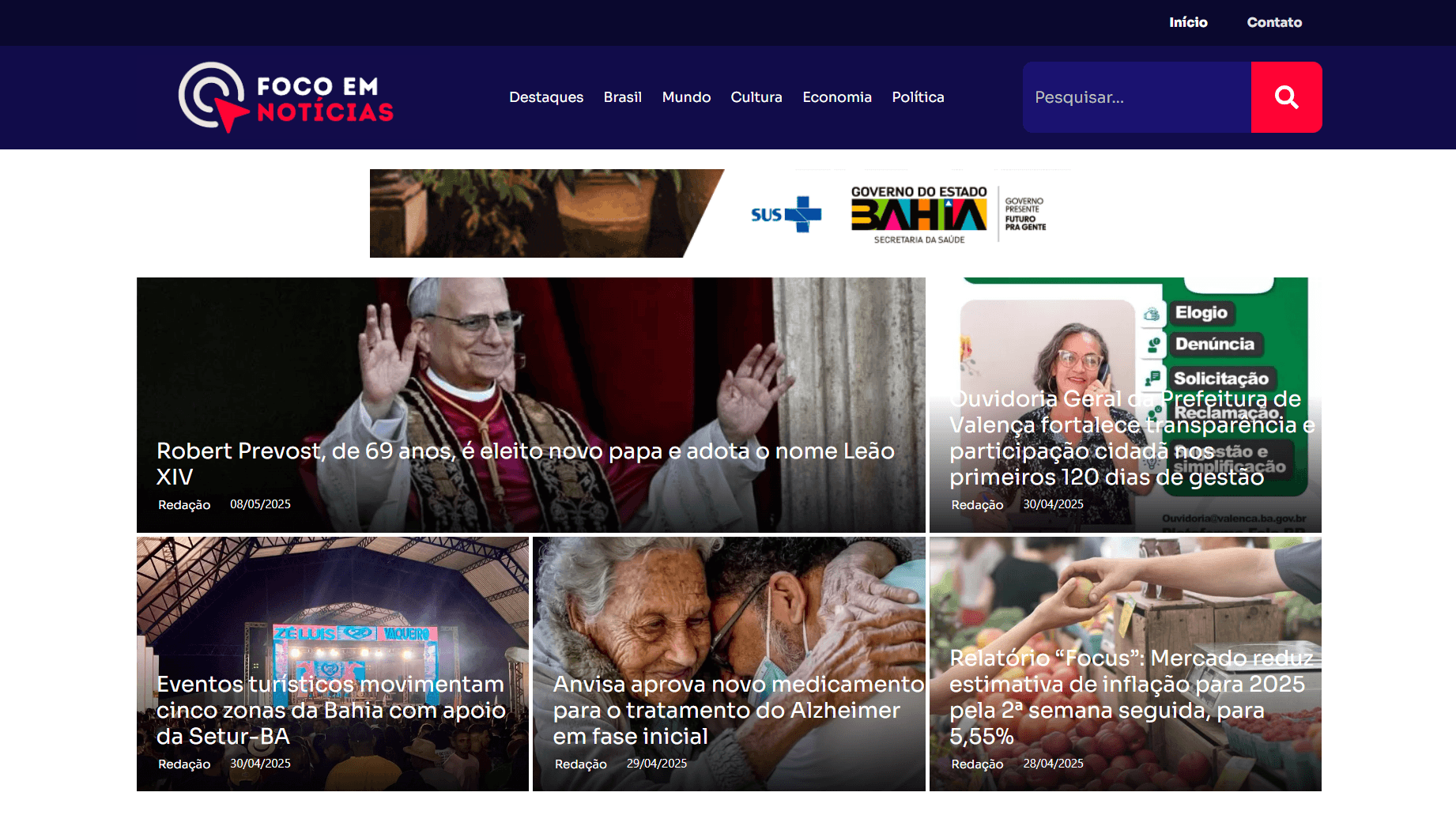 Página inicial do portal Foco em Notícias com destaques editoriais e estrutura otimizada para SEO