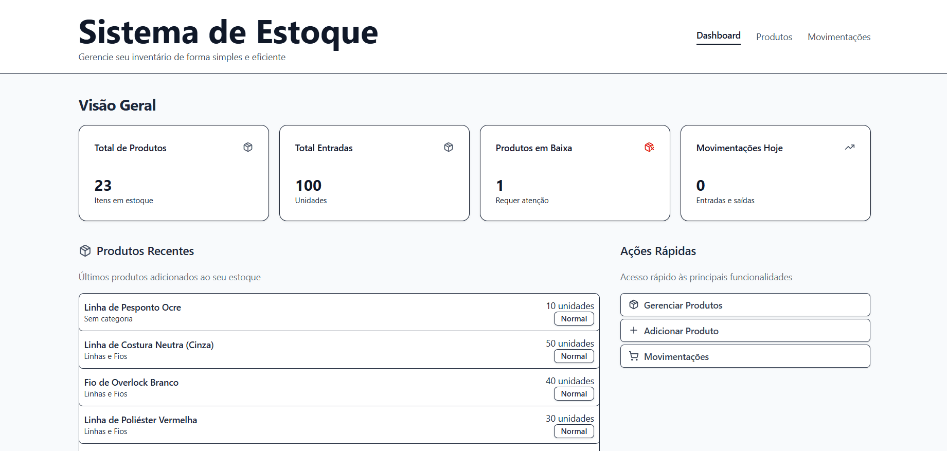 Dashboard do sistema de gestão de estoque com listagem de produtos e controles de movimentação