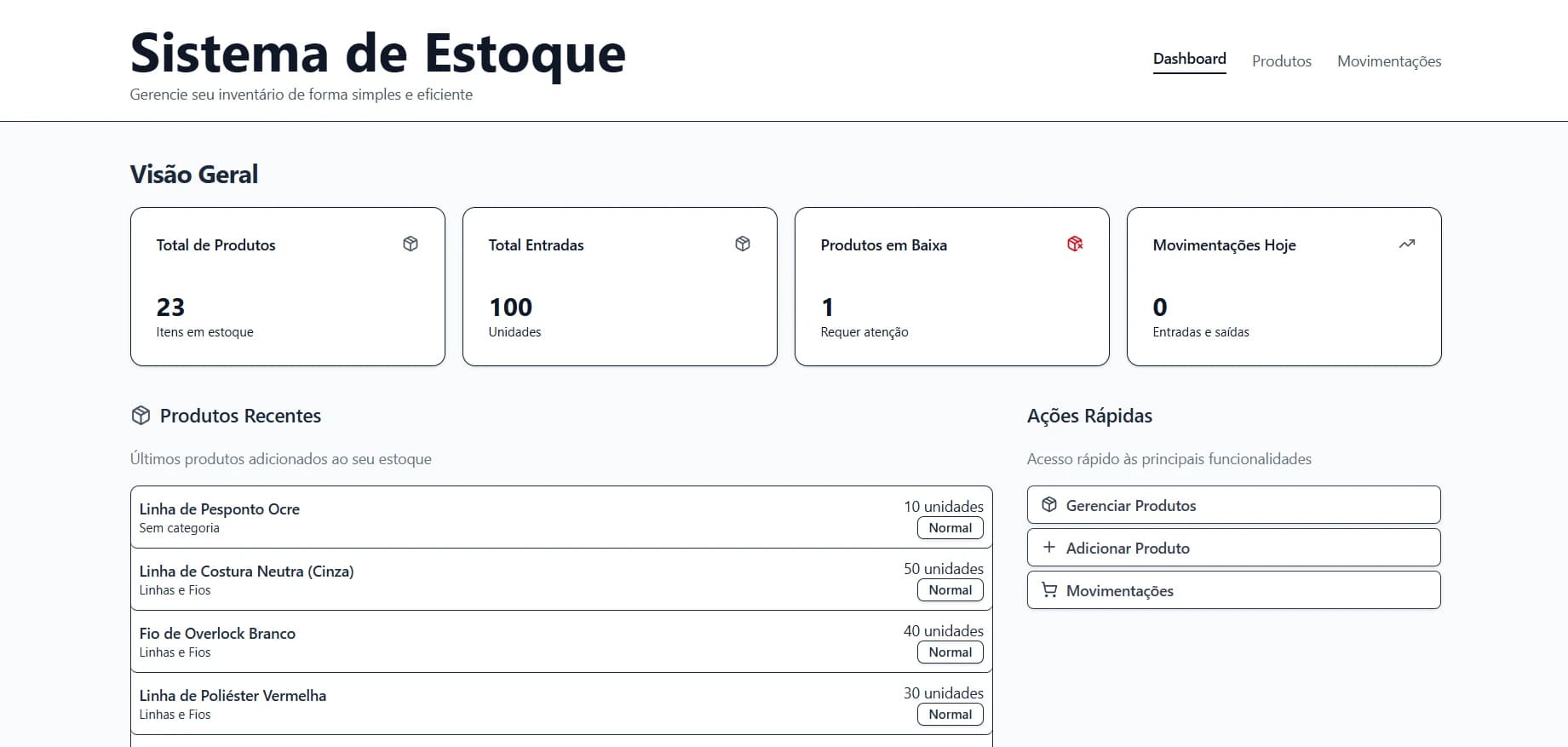 Dashboard do sistema de gestão de estoque com listagem de produtos e controles de movimentação