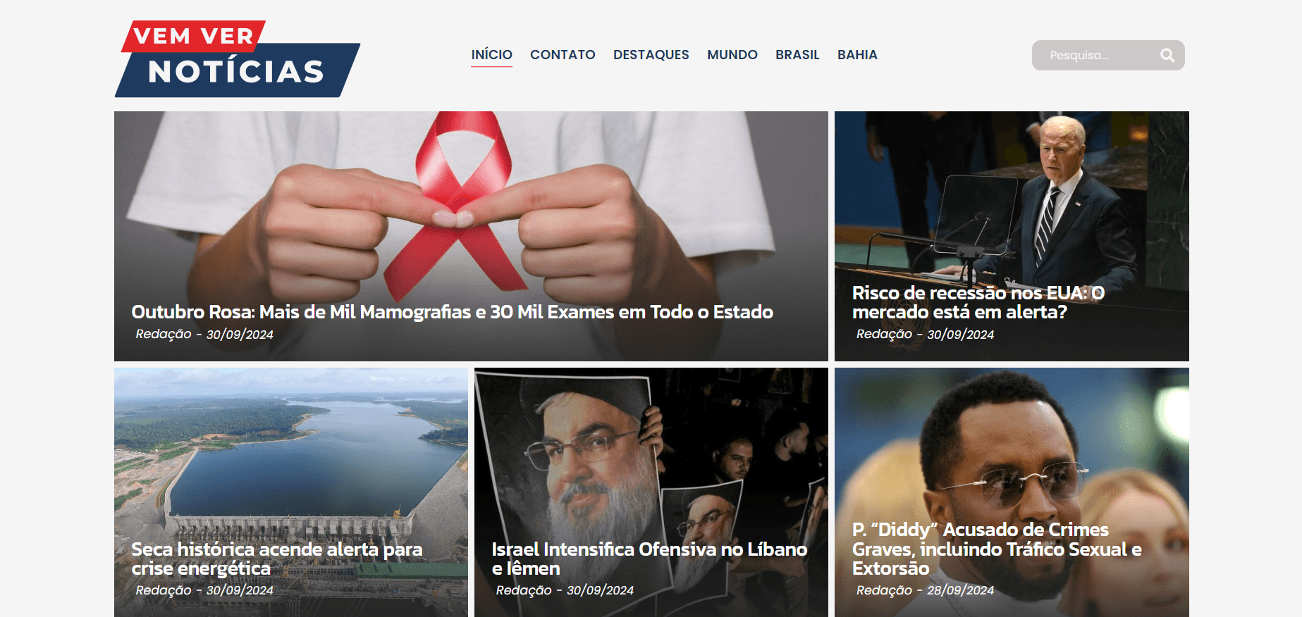 Página inicial do portal Vem Ver Notícias com matérias em destaque e layout de portal de conteúdo